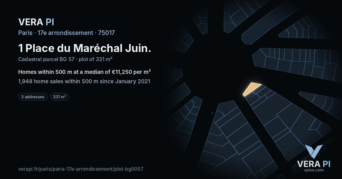 1 Place du Maréchal Juin, 17e arrondissement at night – the plot lit, the parcels around coloured by the prices near them