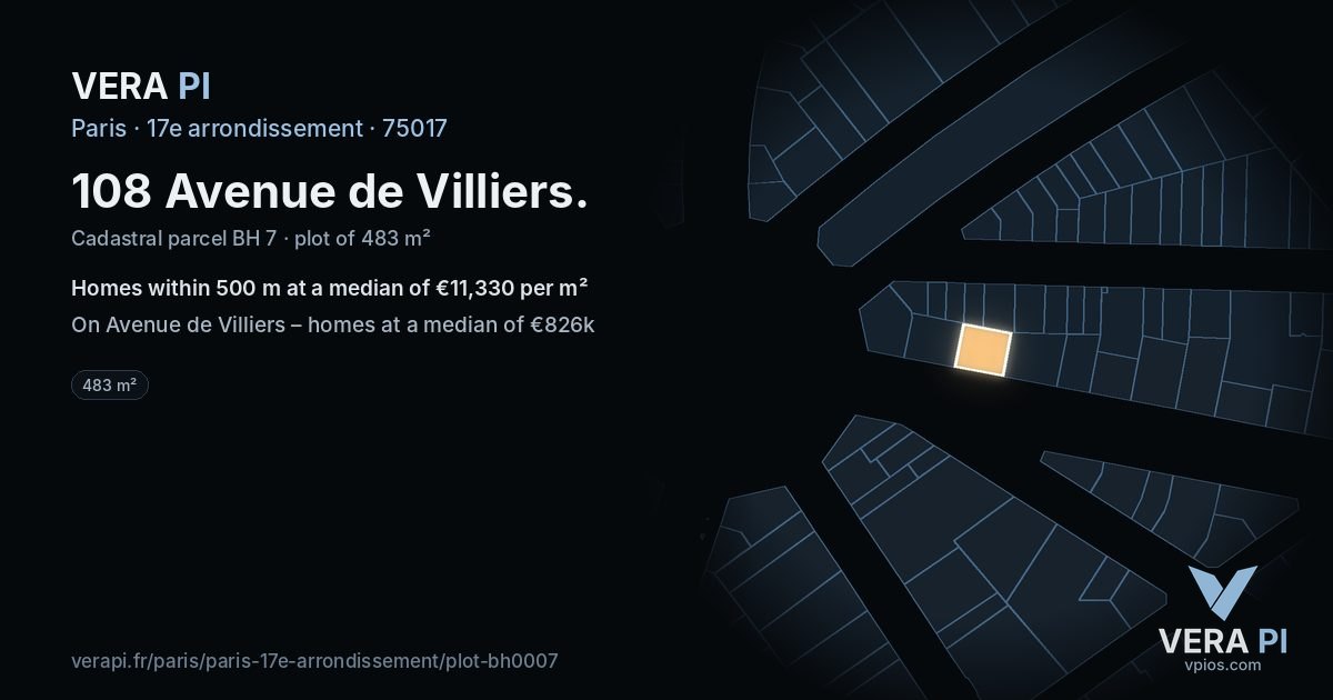 108 Avenue de Villiers, 17e arrondissement at night – the plot lit, the parcels around coloured by the prices near them