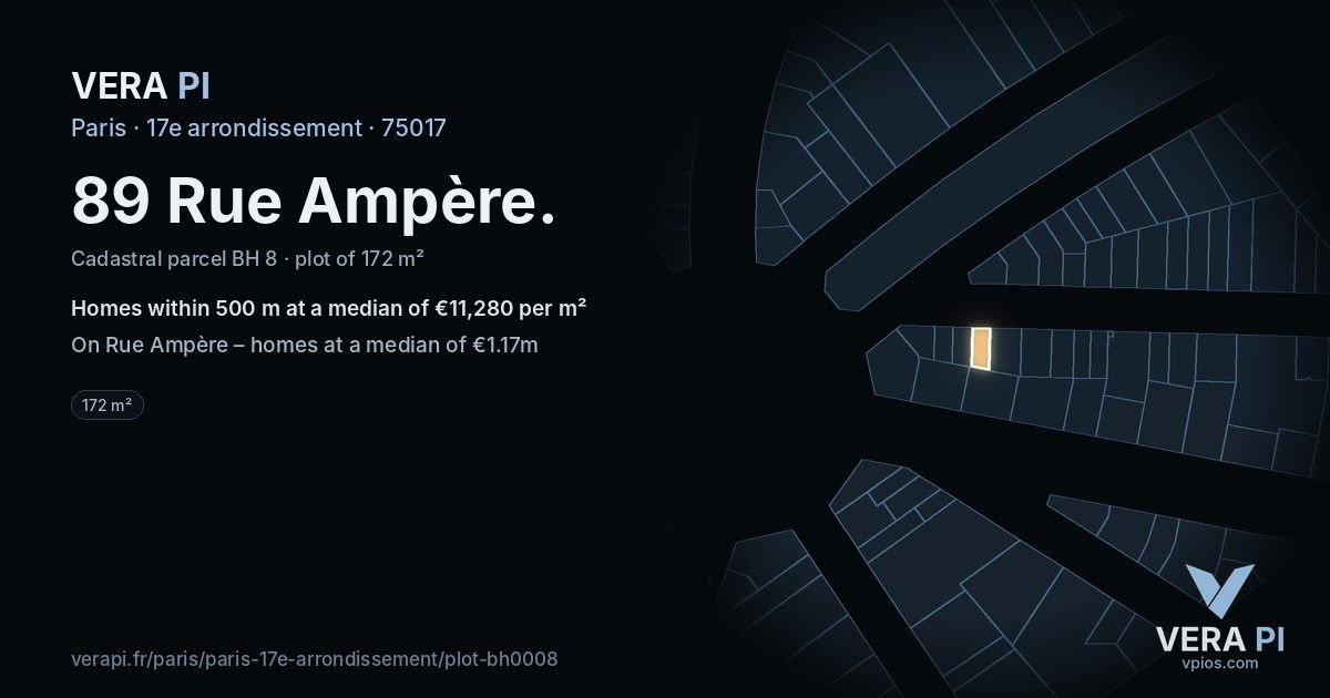 89 Rue Ampère, 17e arrondissement at night – the plot lit, the parcels around coloured by the prices near them