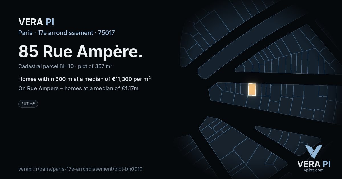85 Rue Ampère, 17e arrondissement at night – the plot lit, the parcels around coloured by the prices near them