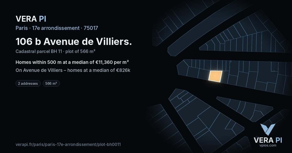 106 b Avenue de Villiers, 17e arrondissement at night – the plot lit, the parcels around coloured by the prices near them