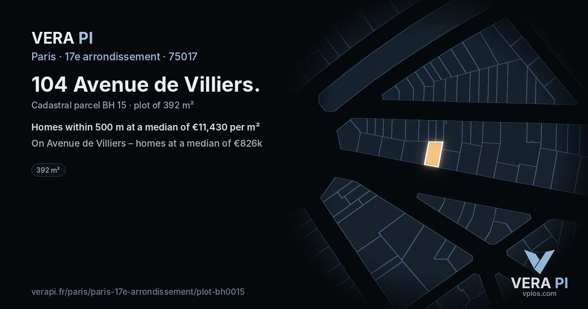 104 Avenue de Villiers, 17e arrondissement at night – the plot lit, the parcels around coloured by the prices near them