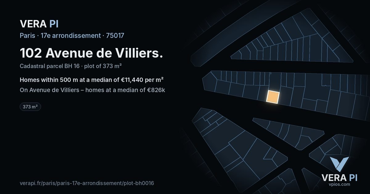 102 Avenue de Villiers, 17e arrondissement at night – the plot lit, the parcels around coloured by the prices near them