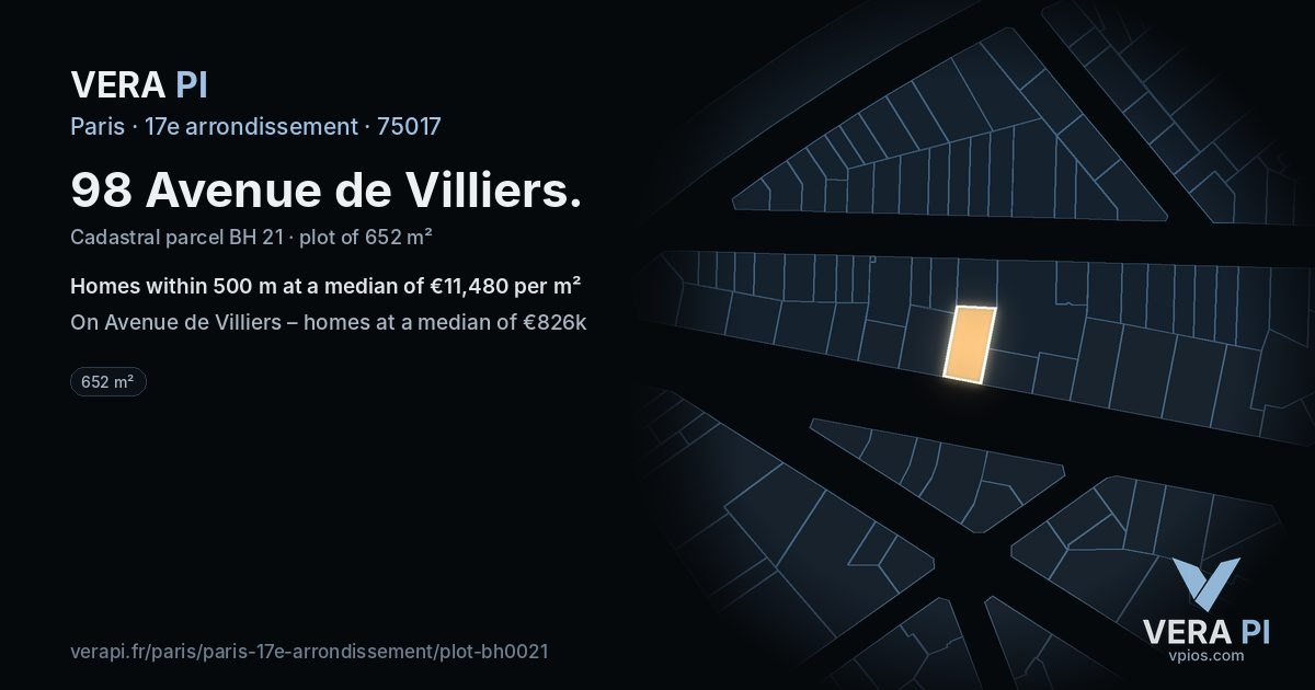 98 Avenue de Villiers, 17e arrondissement at night – the plot lit, the parcels around coloured by the prices near them
