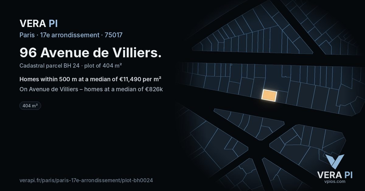 96 Avenue de Villiers, 17e arrondissement at night – the plot lit, the parcels around coloured by the prices near them