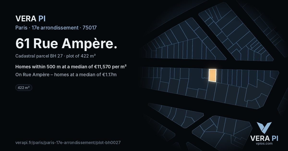 61 Rue Ampère, 17e arrondissement at night – the plot lit, the parcels around coloured by the prices near them