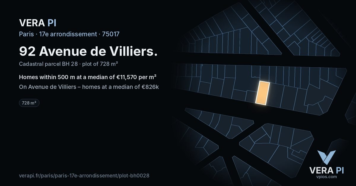 92 Avenue de Villiers, 17e arrondissement at night – the plot lit, the parcels around coloured by the prices near them