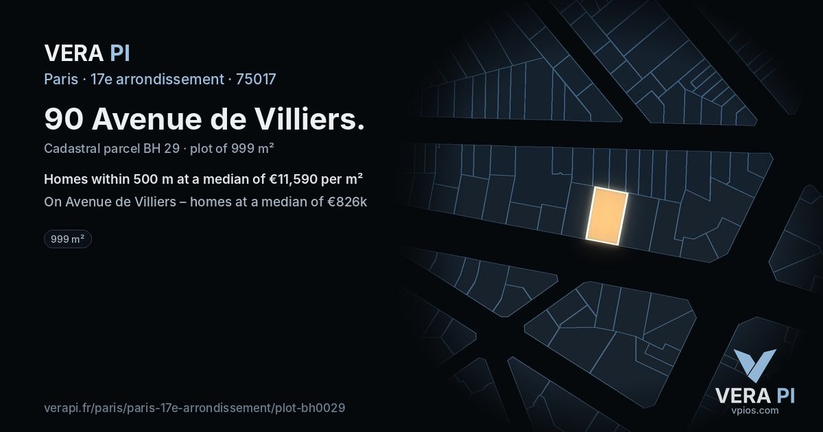 90 Avenue de Villiers, 17e arrondissement at night – the plot lit, the parcels around coloured by the prices near them
