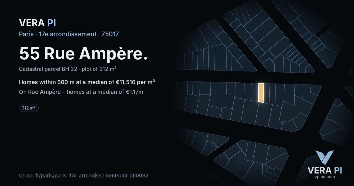 55 Rue Ampère, 17e arrondissement at night – the plot lit, the parcels around coloured by the prices near them