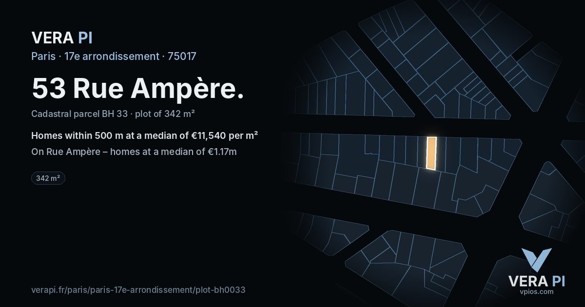 53 Rue Ampère, 17e arrondissement at night – the plot lit, the parcels around coloured by the prices near them