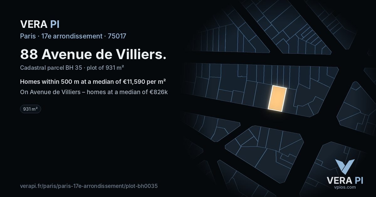 88 Avenue de Villiers, 17e arrondissement at night – the plot lit, the parcels around coloured by the prices near them