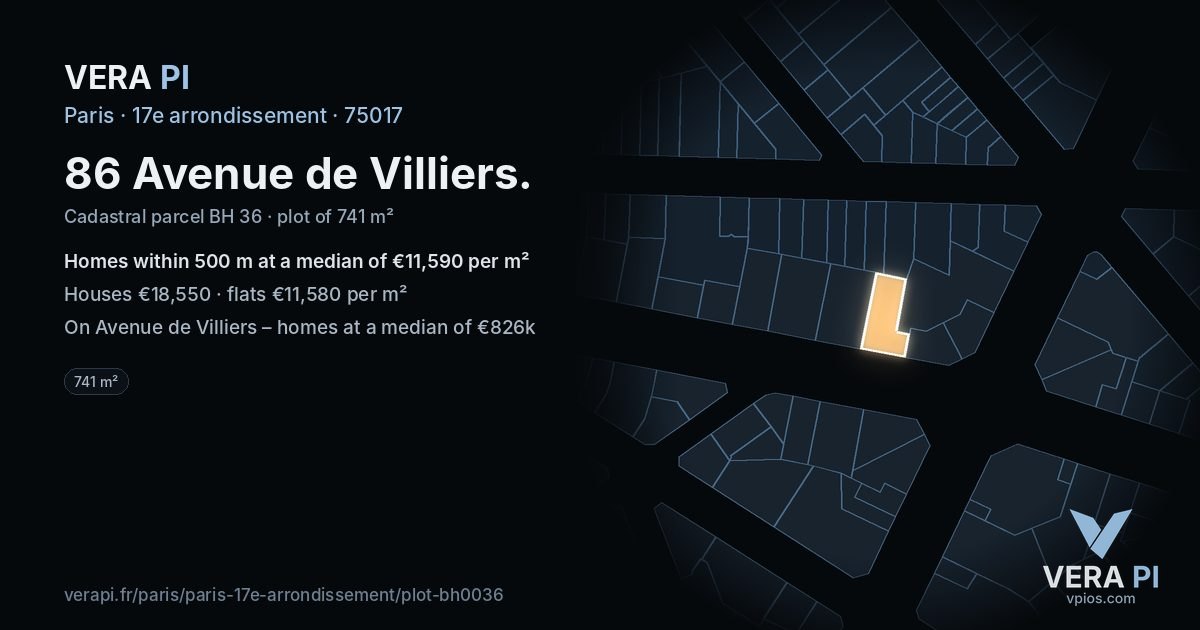86 Avenue de Villiers, 17e arrondissement at night – the plot lit, the parcels around coloured by the prices near them