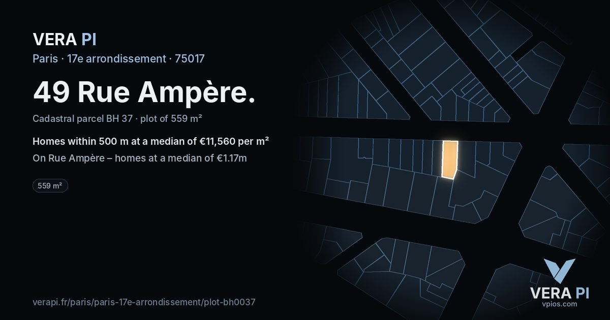 49 Rue Ampère, 17e arrondissement at night – the plot lit, the parcels around coloured by the prices near them