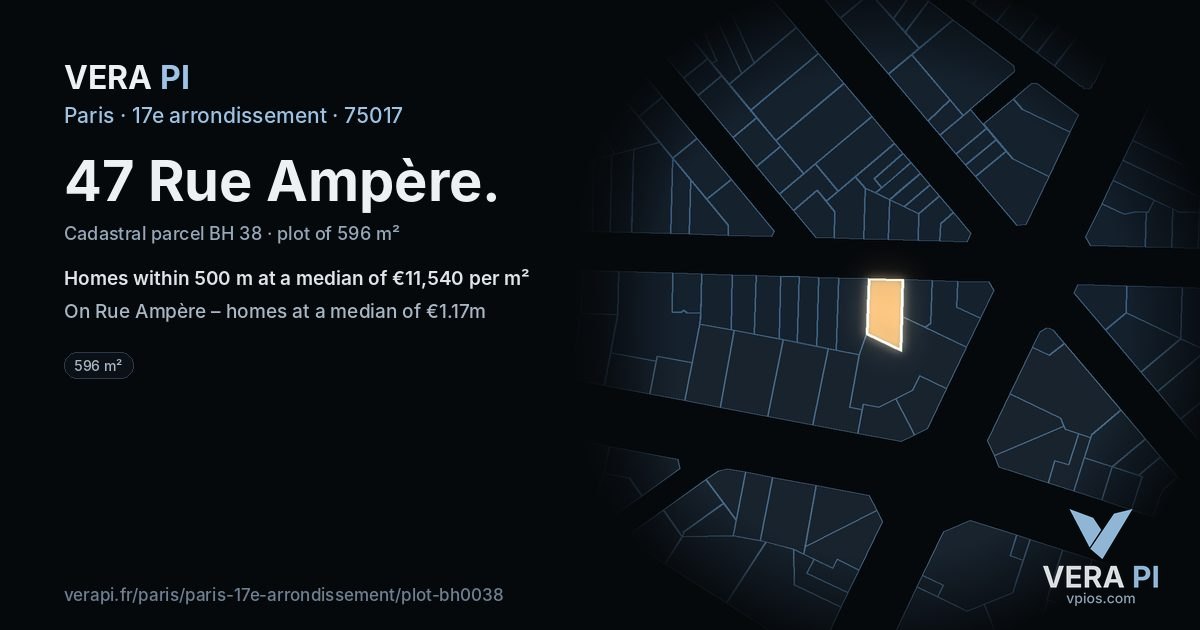 47 Rue Ampère, 17e arrondissement at night – the plot lit, the parcels around coloured by the prices near them