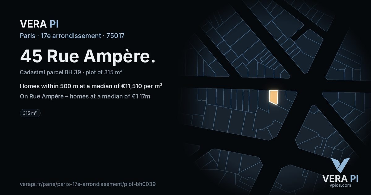 45 Rue Ampère, 17e arrondissement at night – the plot lit, the parcels around coloured by the prices near them