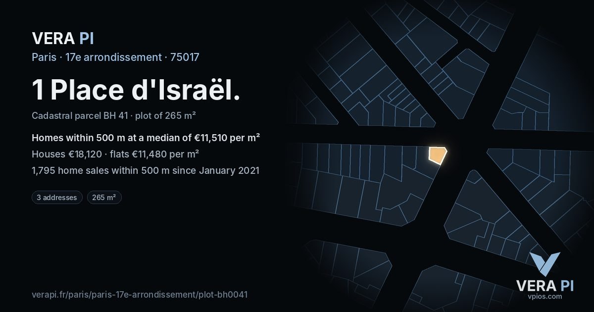 1 Place d'Israël, 17e arrondissement at night – the plot lit, the parcels around coloured by the prices near them