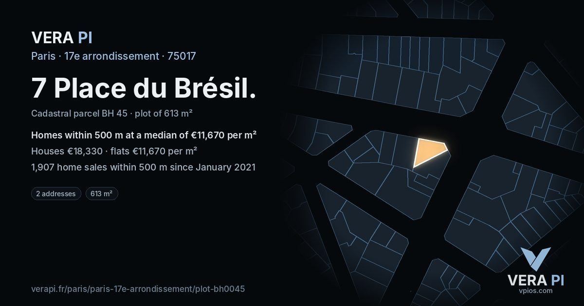 7 Place du Brésil, 17e arrondissement at night – the plot lit, the parcels around coloured by the prices near them
