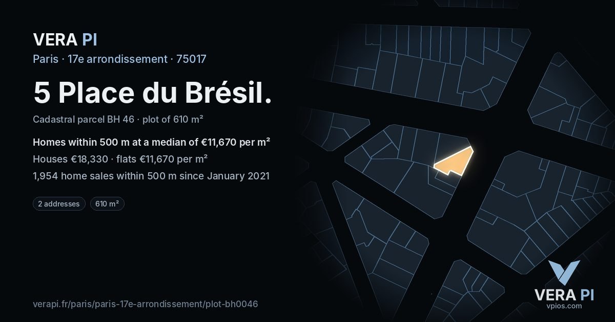 5 Place du Brésil, 17e arrondissement at night – the plot lit, the parcels around coloured by the prices near them