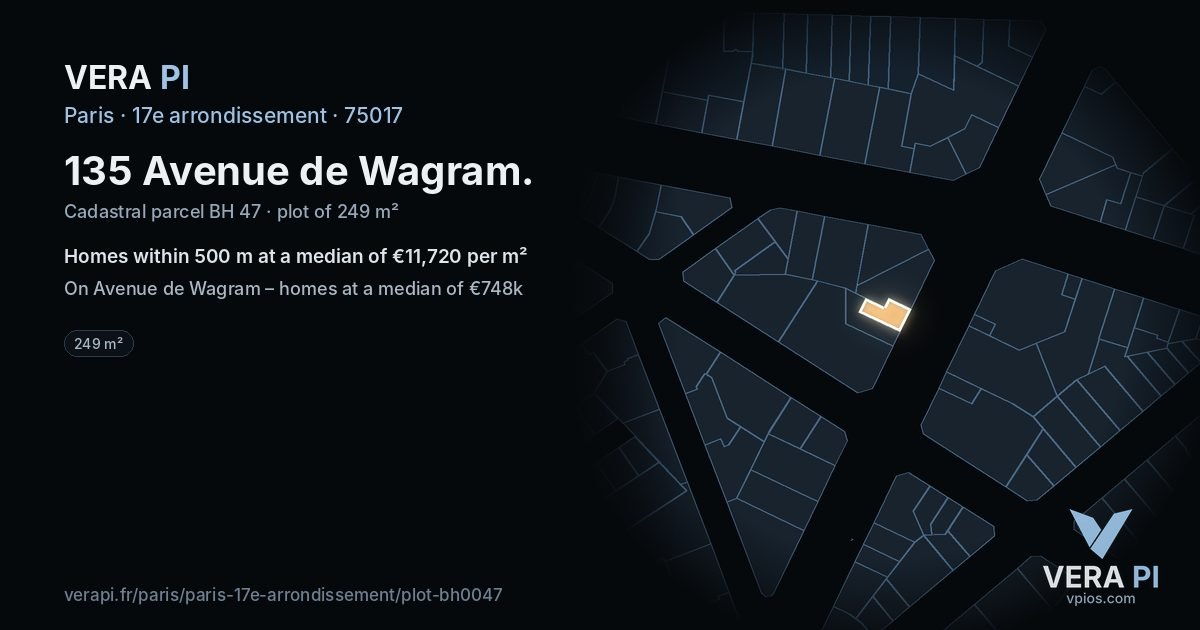 135 Avenue de Wagram, 17e arrondissement at night – the plot lit, the parcels around coloured by the prices near them