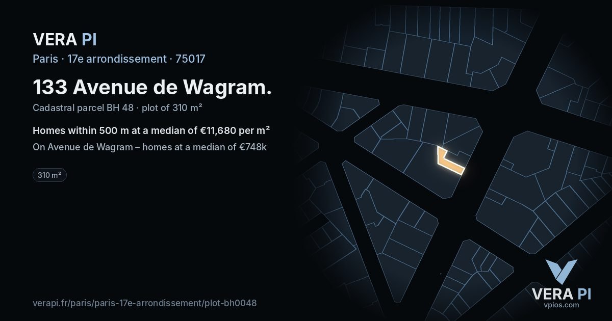 133 Avenue de Wagram, 17e arrondissement at night – the plot lit, the parcels around coloured by the prices near them