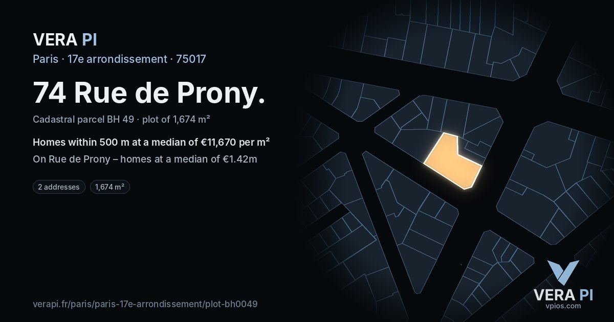 74 Rue de Prony, 17e arrondissement at night – the plot lit, the parcels around coloured by the prices near them