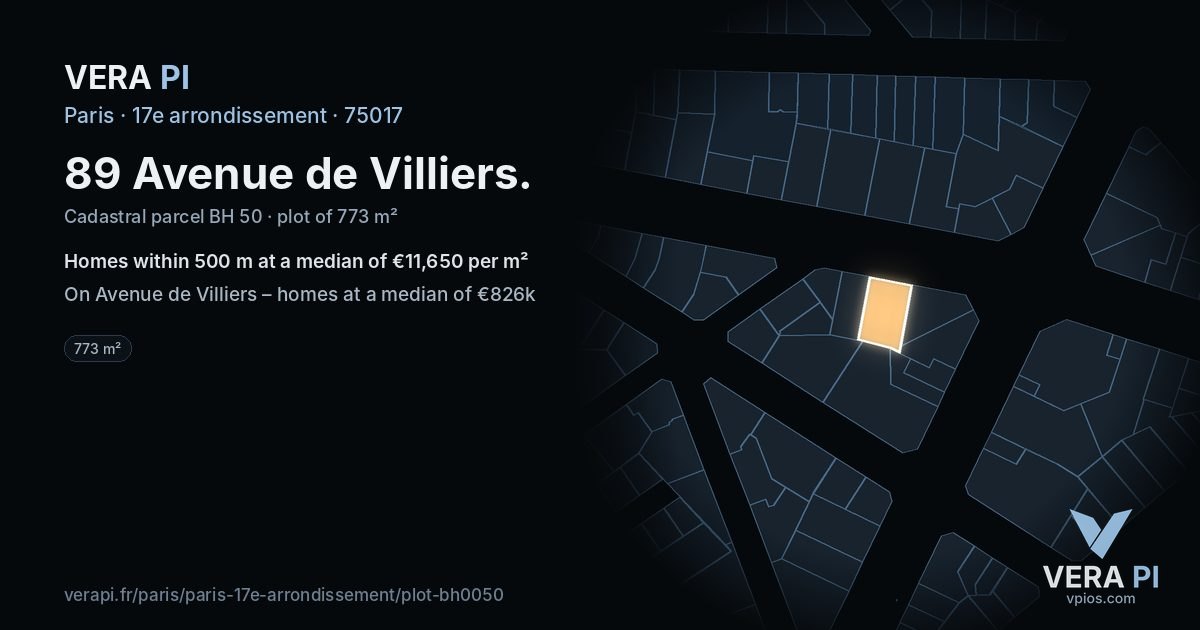 89 Avenue de Villiers, 17e arrondissement at night – the plot lit, the parcels around coloured by the prices near them