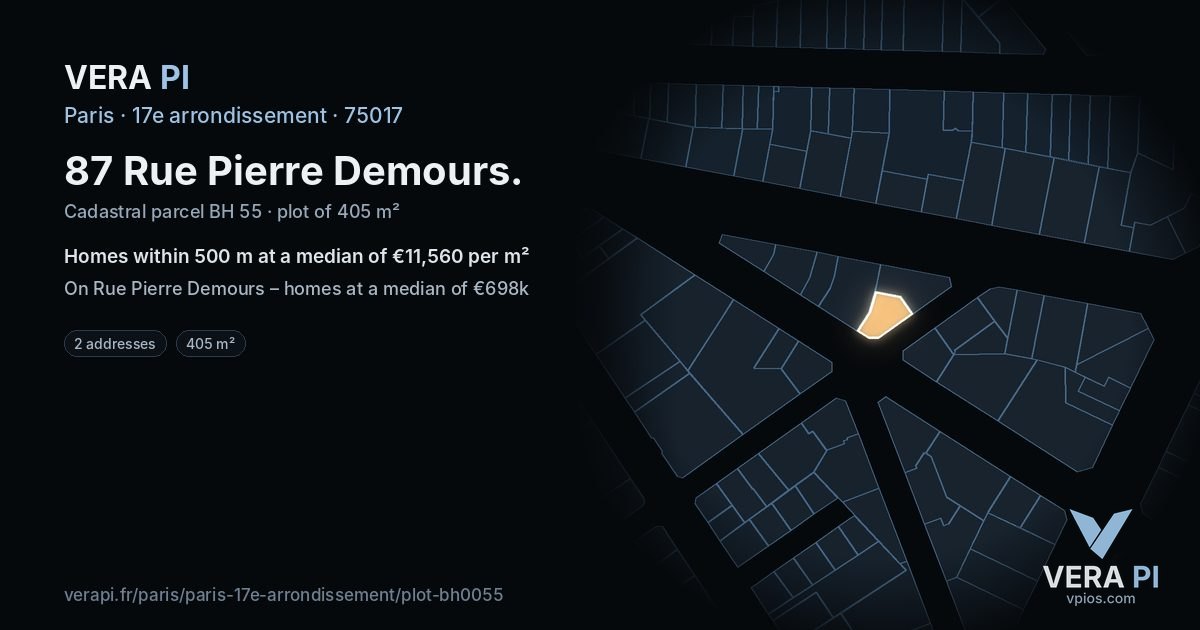 87 Rue Pierre Demours, 17e arrondissement at night – the plot lit, the parcels around coloured by the prices near them
