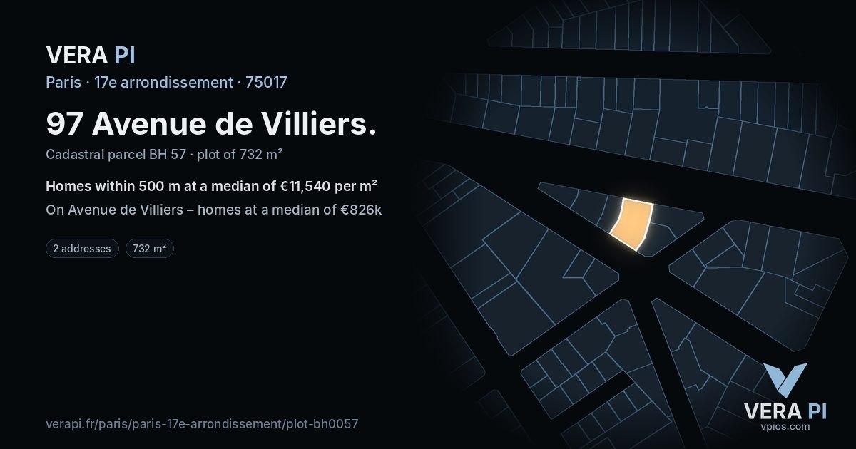 97 Avenue de Villiers, 17e arrondissement at night – the plot lit, the parcels around coloured by the prices near them