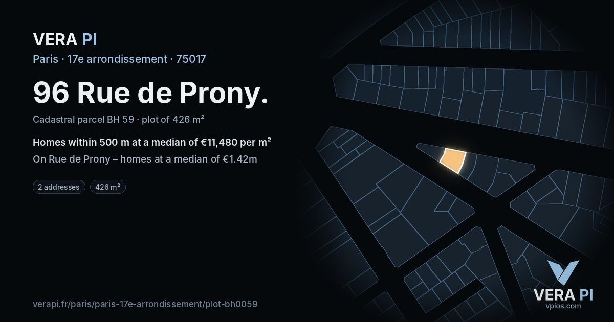 96 Rue de Prony, 17e arrondissement at night – the plot lit, the parcels around coloured by the prices near them
