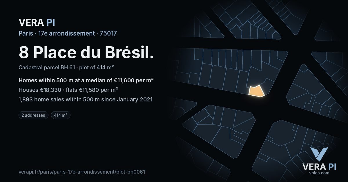 8 Place du Brésil, 17e arrondissement at night – the plot lit, the parcels around coloured by the prices near them