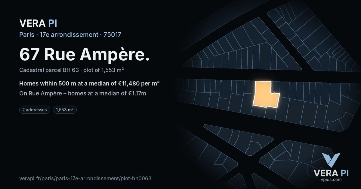 67 Rue Ampère, 17e arrondissement at night – the plot lit, the parcels around coloured by the prices near them