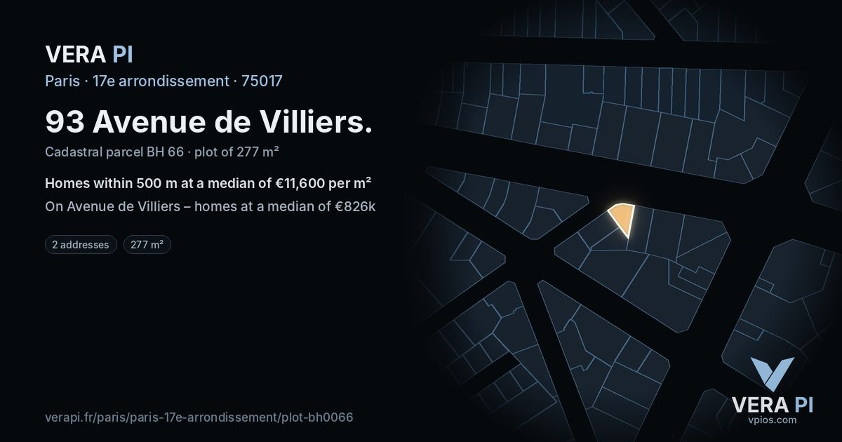 93 Avenue de Villiers, 17e arrondissement at night – the plot lit, the parcels around coloured by the prices near them