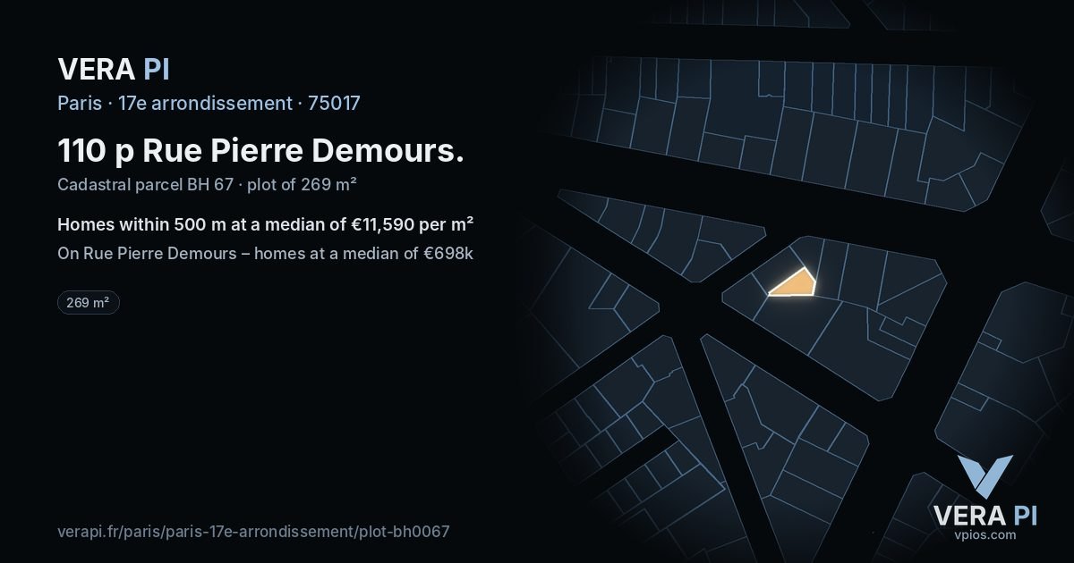 110 p Rue Pierre Demours, 17e arrondissement at night – the plot lit, the parcels around coloured by the prices near them