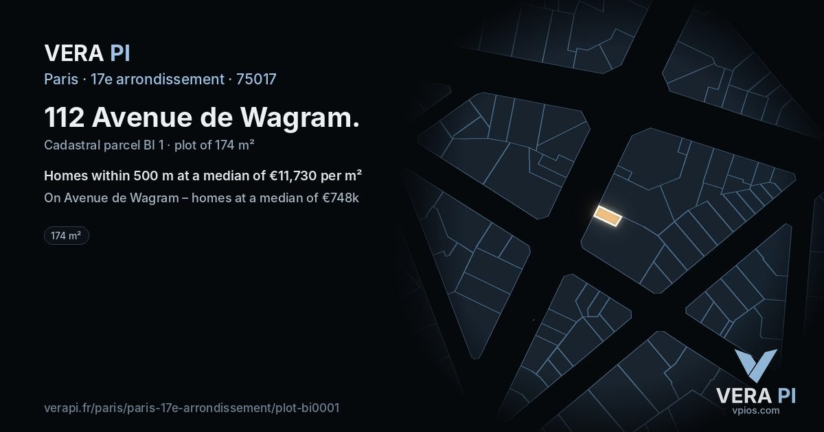 112 Avenue de Wagram, 17e arrondissement at night – the plot lit, the parcels around coloured by the prices near them