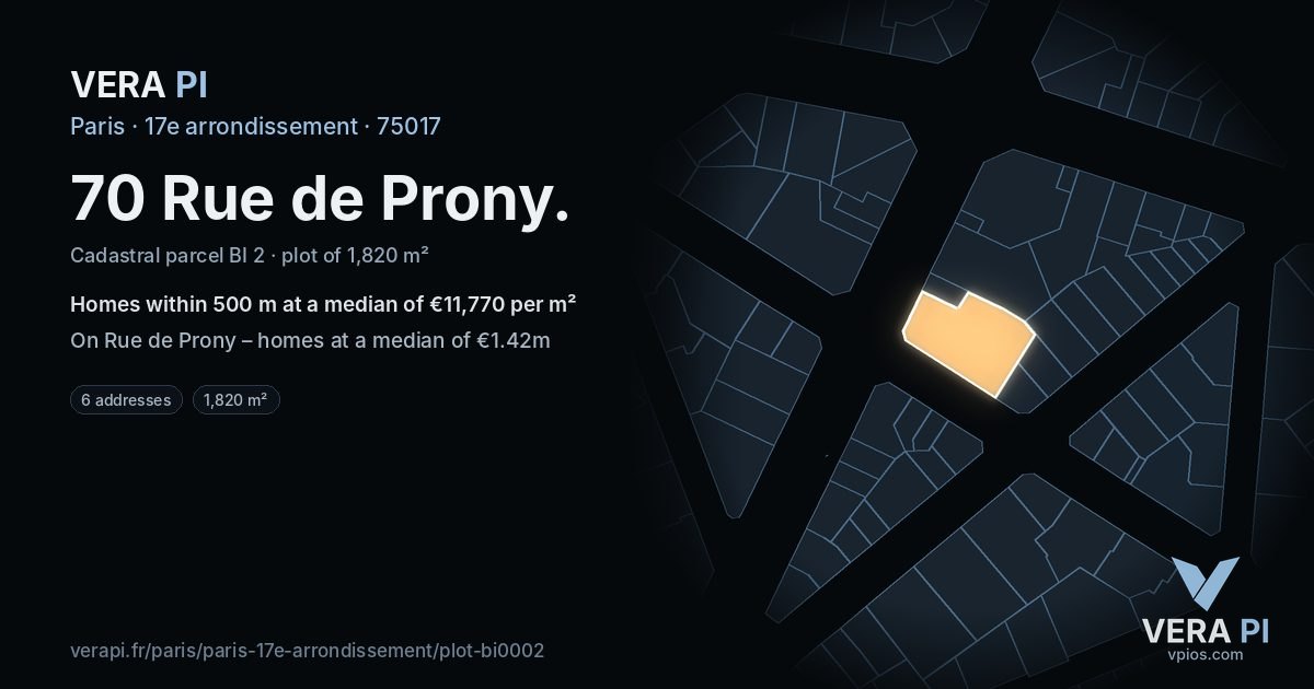 70 Rue de Prony, 17e arrondissement at night – the plot lit, the parcels around coloured by the prices near them
