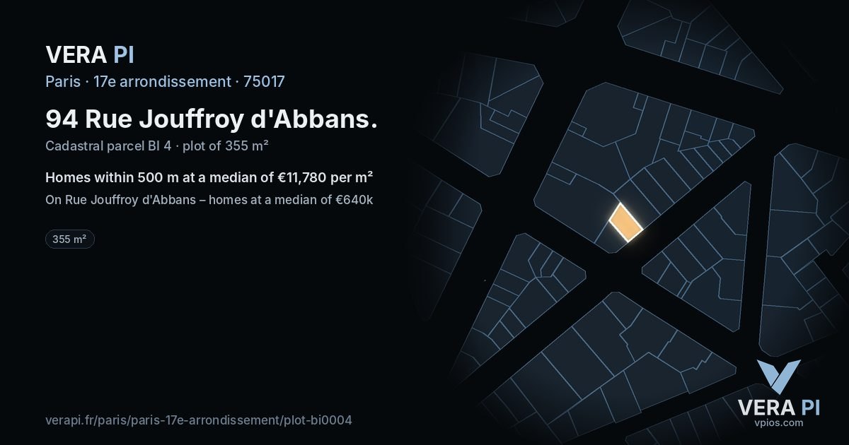 94 Rue Jouffroy d'Abbans, 17e arrondissement at night – the plot lit, the parcels around coloured by the prices near them