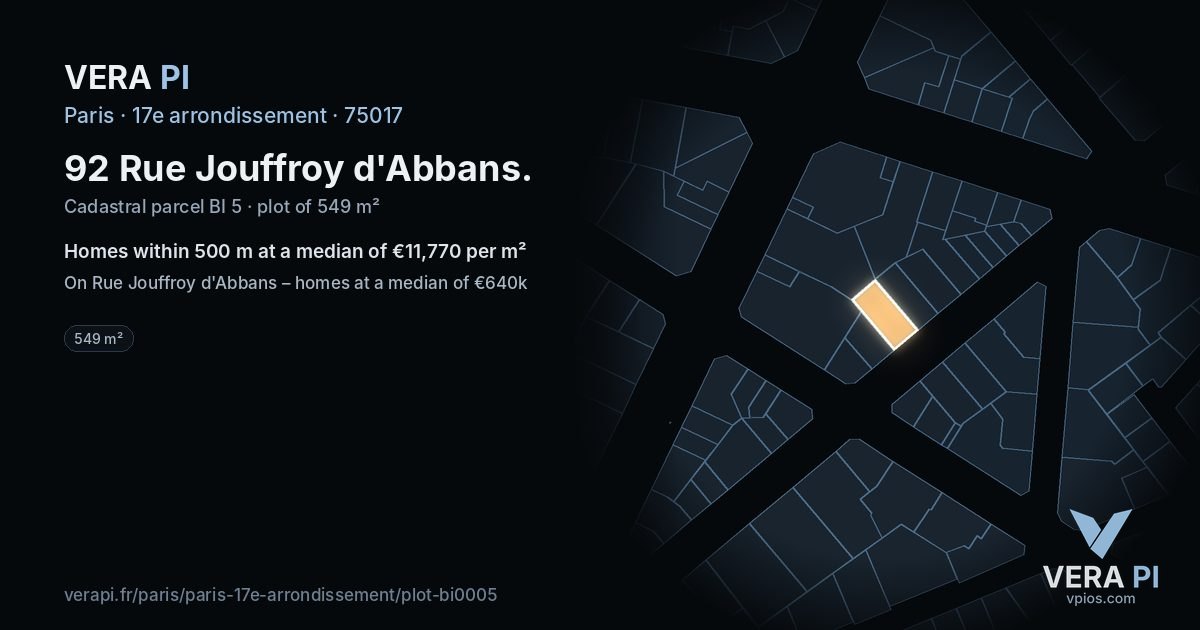 92 Rue Jouffroy d'Abbans, 17e arrondissement at night – the plot lit, the parcels around coloured by the prices near them