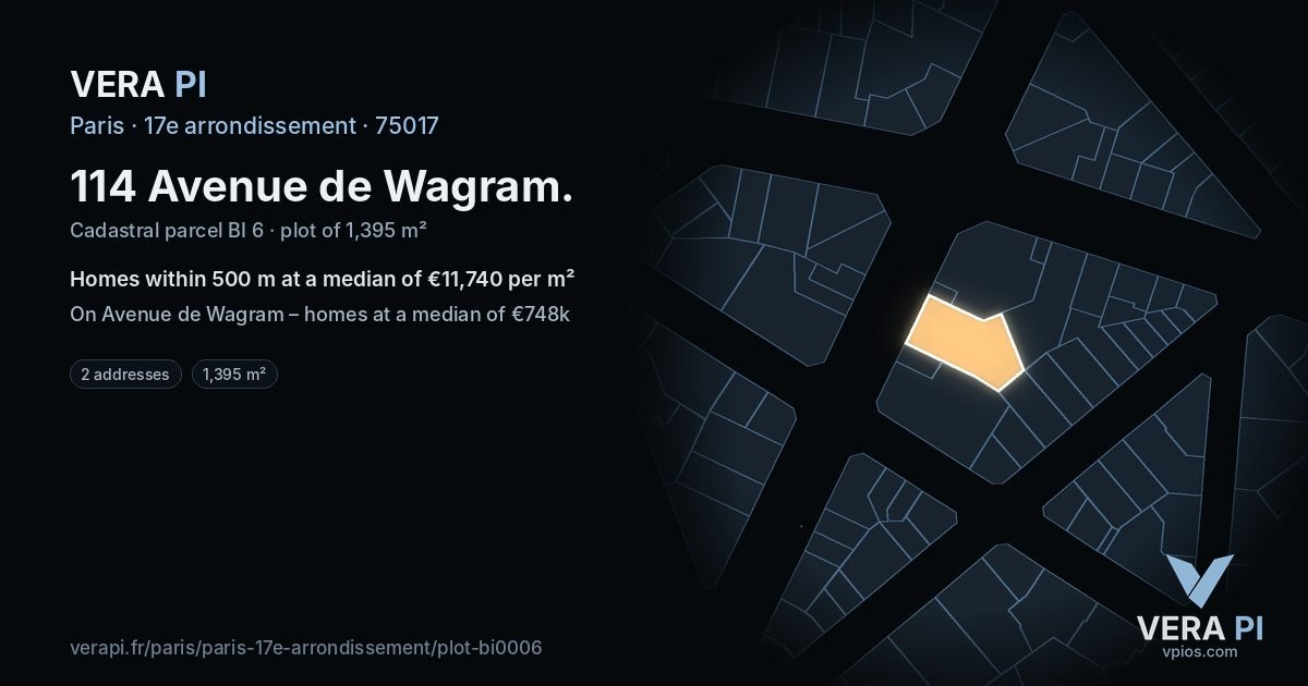 114 Avenue de Wagram, 17e arrondissement at night – the plot lit, the parcels around coloured by the prices near them