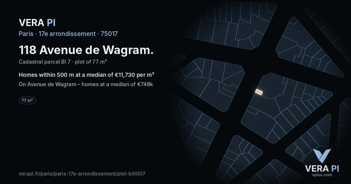 118 Avenue de Wagram, 17e arrondissement at night – the plot lit, the parcels around coloured by the prices near them