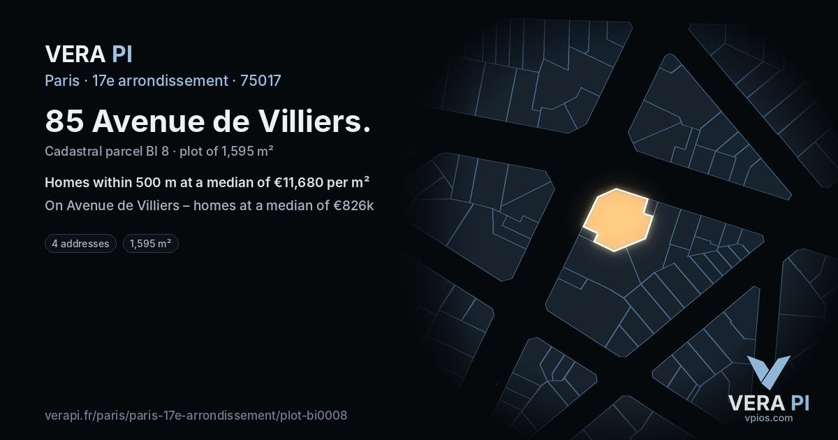 85 Avenue de Villiers, 17e arrondissement at night – the plot lit, the parcels around coloured by the prices near them
