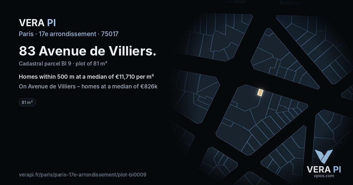83 Avenue de Villiers, 17e arrondissement at night – the plot lit, the parcels around coloured by the prices near them
