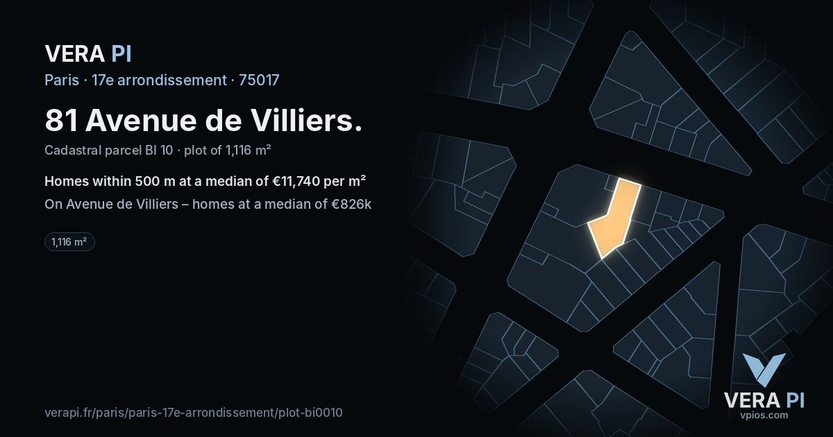 81 Avenue de Villiers, 17e arrondissement at night – the plot lit, the parcels around coloured by the prices near them