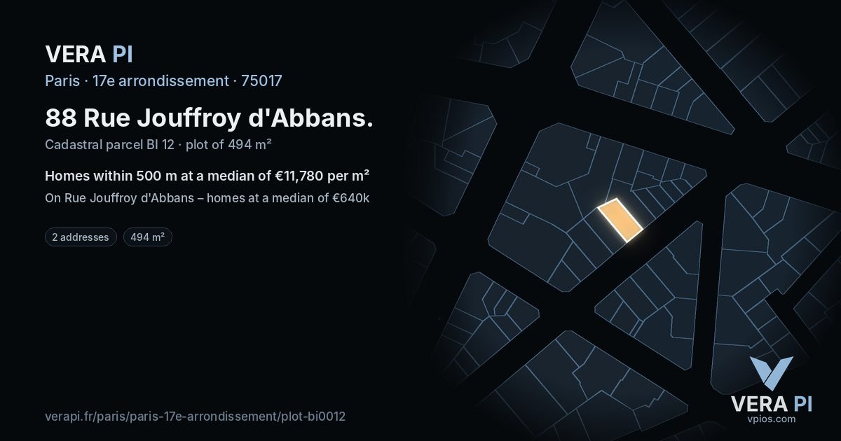 88 Rue Jouffroy d'Abbans, 17e arrondissement at night – the plot lit, the parcels around coloured by the prices near them