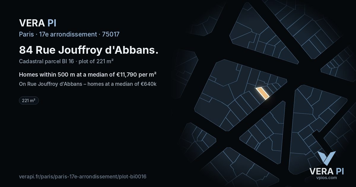 84 Rue Jouffroy d'Abbans, 17e arrondissement at night – the plot lit, the parcels around coloured by the prices near them