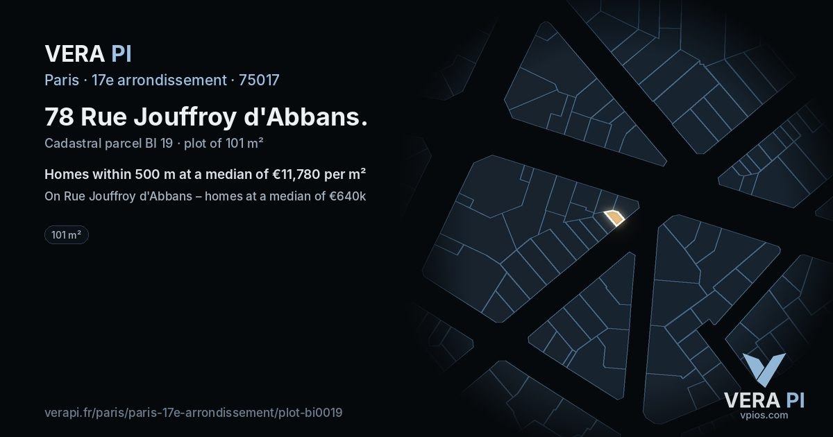 78 Rue Jouffroy d'Abbans, 17e arrondissement at night – the plot lit, the parcels around coloured by the prices near them