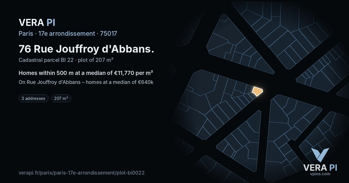 76 Rue Jouffroy d'Abbans, 17e arrondissement at night – the plot lit, the parcels around coloured by the prices near them