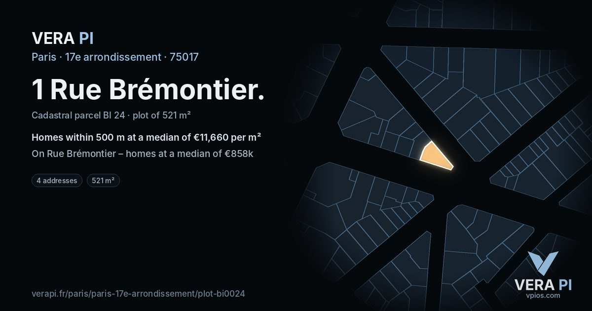 1 Rue Brémontier, 17e arrondissement at night – the plot lit, the parcels around coloured by the prices near them