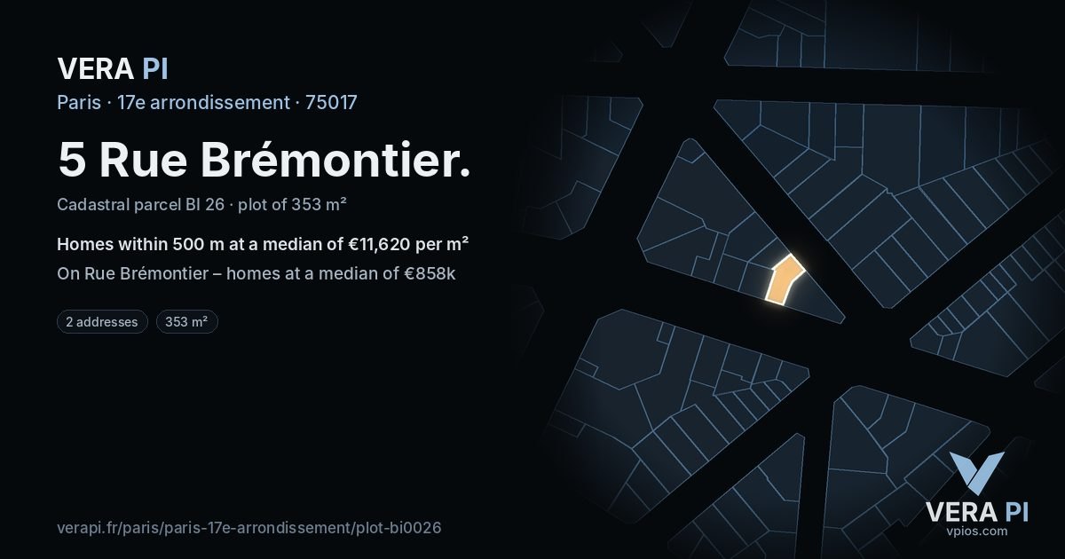 5 Rue Brémontier, 17e arrondissement at night – the plot lit, the parcels around coloured by the prices near them