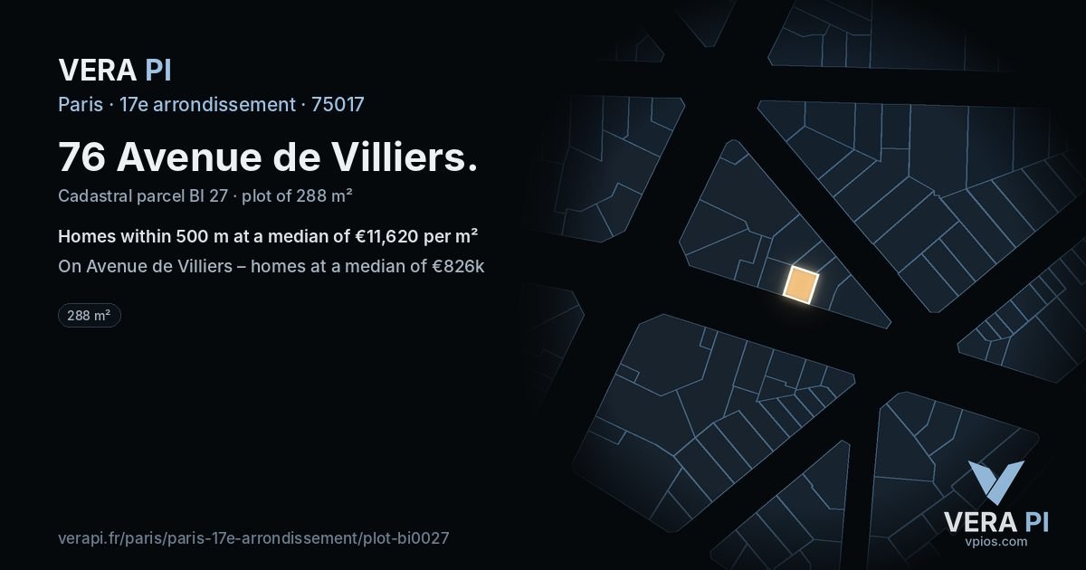 76 Avenue de Villiers, 17e arrondissement at night – the plot lit, the parcels around coloured by the prices near them