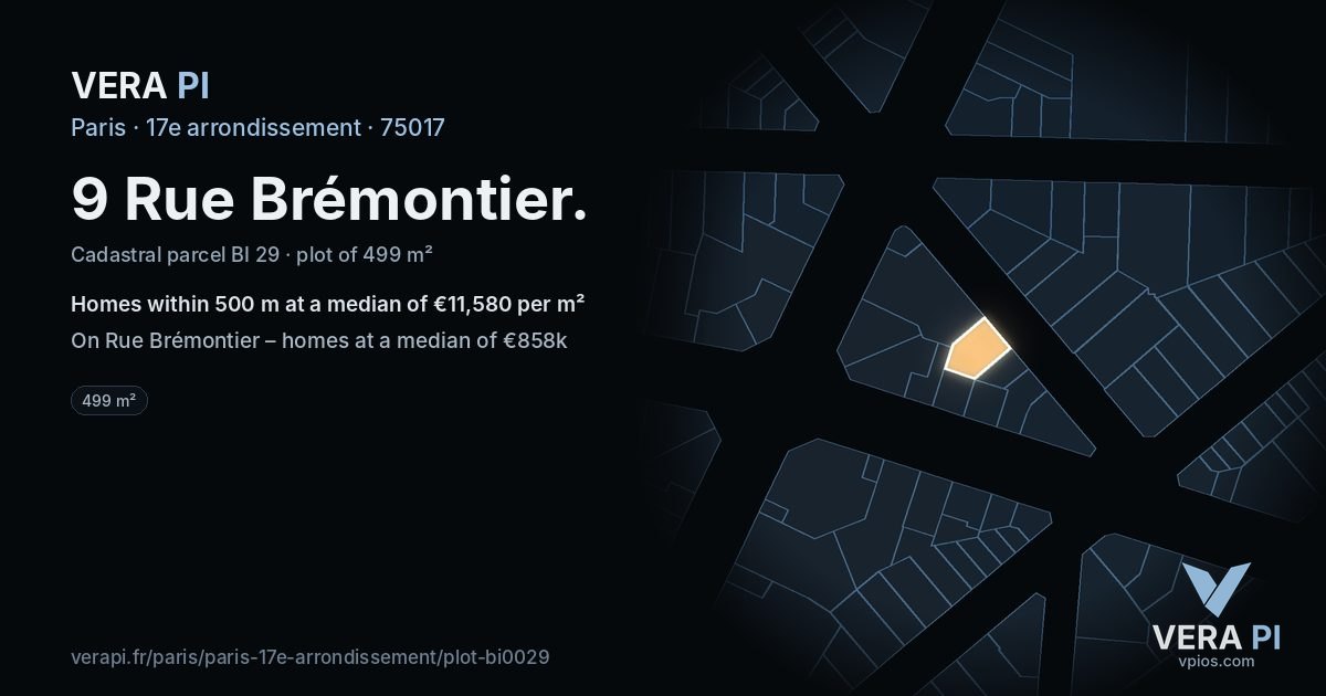 9 Rue Brémontier, 17e arrondissement at night – the plot lit, the parcels around coloured by the prices near them